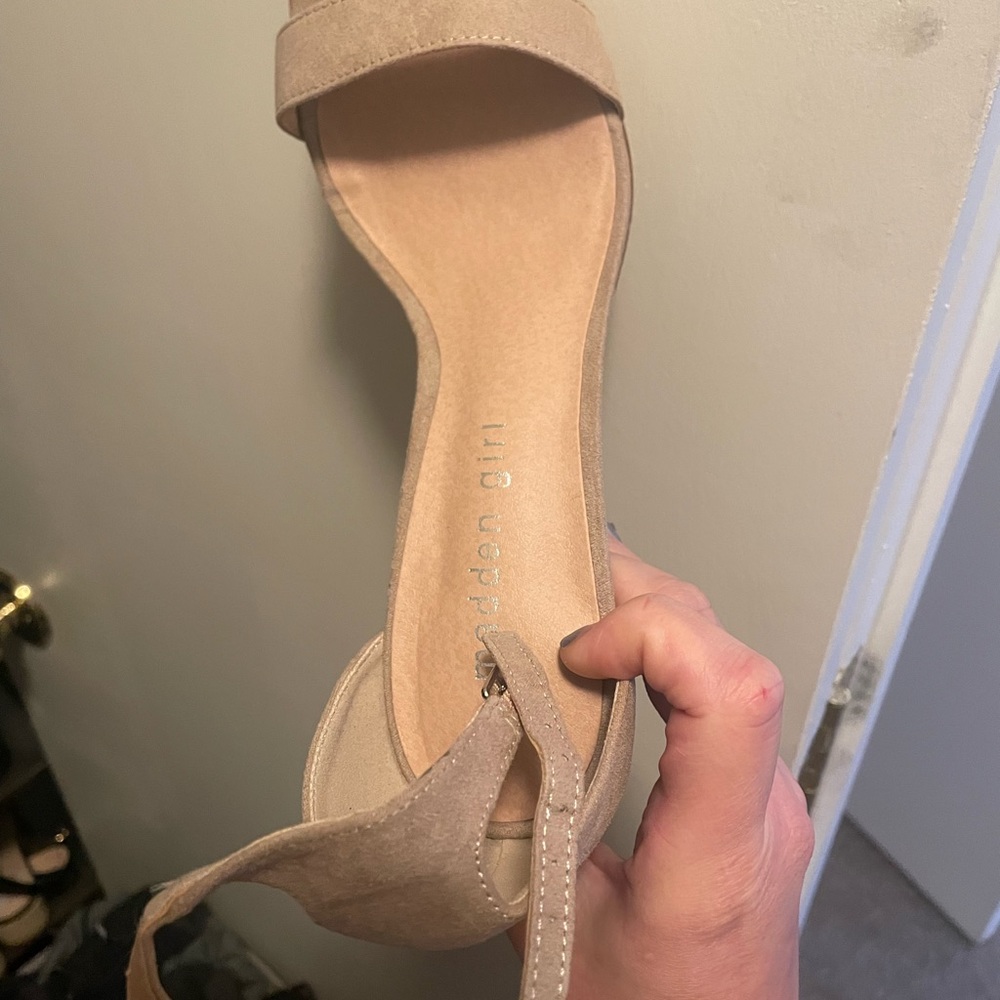 Madden girl nude suede like material heel. Worn ONE time for wedding.